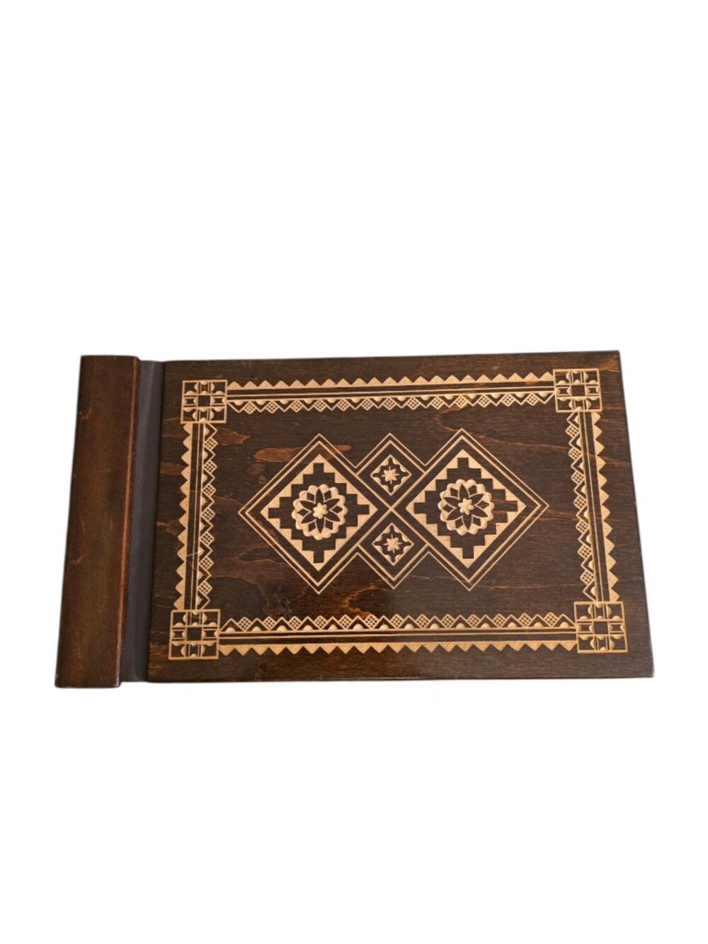 Vintage 1987 Ukrainian Wooden Photo Album Folk Art Carved Cover Soviet Era